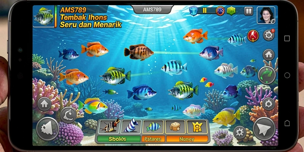 Screenshot utama AMS789 menunjukkan keseruan menangkap ikan berwarna-warni dalam gameplay yang menegangkan.