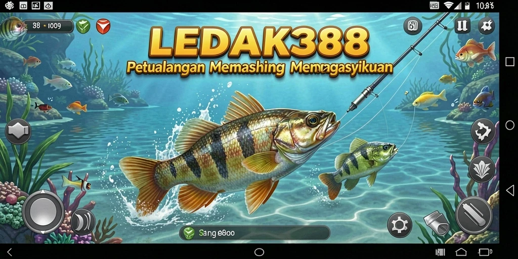 Tampilan gameplay LEDAK388 menunjukkan momen seru saat menangkap ikan.