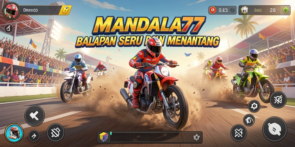 Gameplay MANDALA77 menampilkan balapan seru dan aksi mendebarkan di lintasan.